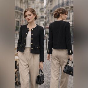 Evereve Black Bouclé Jacket with Gold Buttons